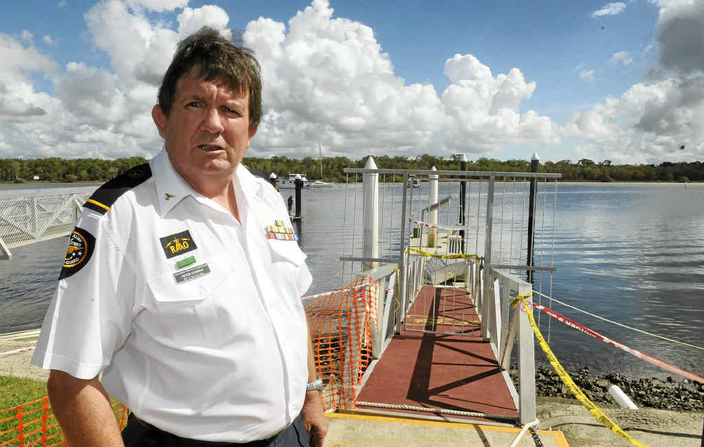 Tin Can Bay Coast Guard volunteer crewman Peter Conway said the organisation’s pontoon had been out of order since January because of major damage caused by a combination of storms and floods. Tin Can Bay Coast Guard volunteer crewman Peter Conway said the organisation’s pontoon had been out of order since January because of major damage caused by a combination of storms and floods.